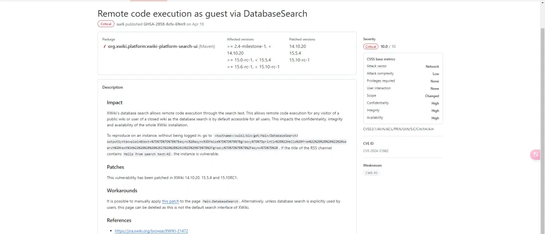 CVE-2024-31982：XWiki 通过 DatabaseSearch 以访客身份远程执行代码